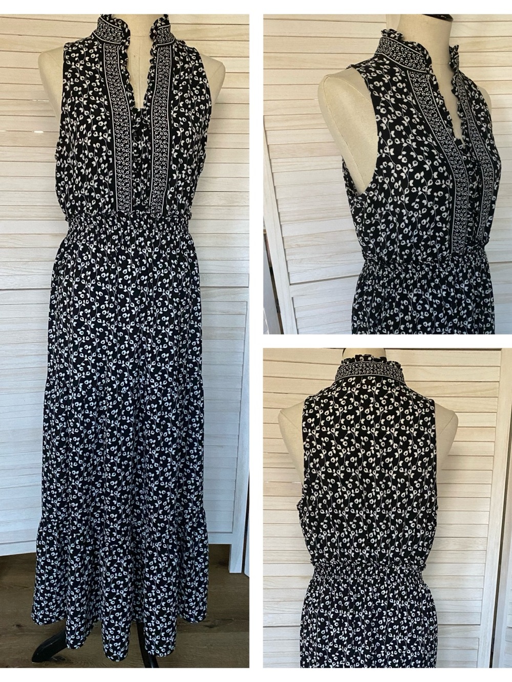 London Times Black & White Floral Sleeveless Maxi Dress with Smocked Waist SZ 12